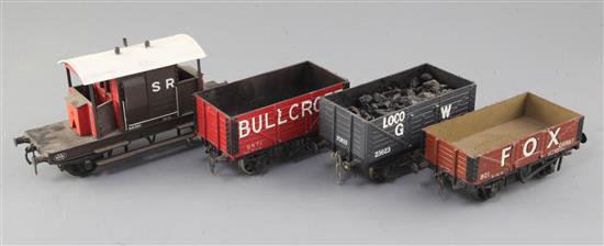 A Fox open wagon, no.921, in red, a GW loco open wagon 10T, no.23633, in black, a Bullcroft open wagon,